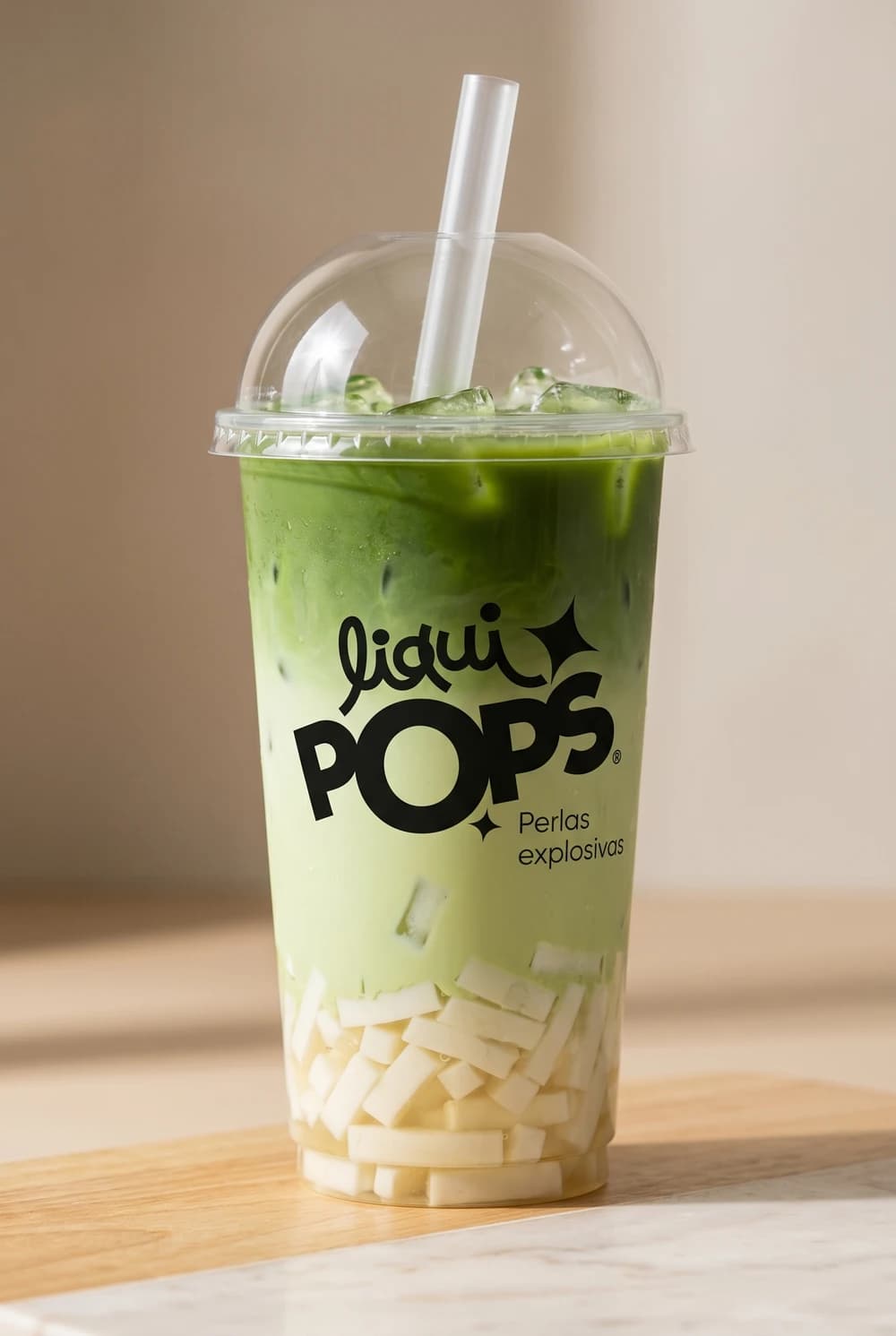 Bubble tea de matcha latte con jellys Yexis LiquiPops — vaso verde para llevar con tapa domo