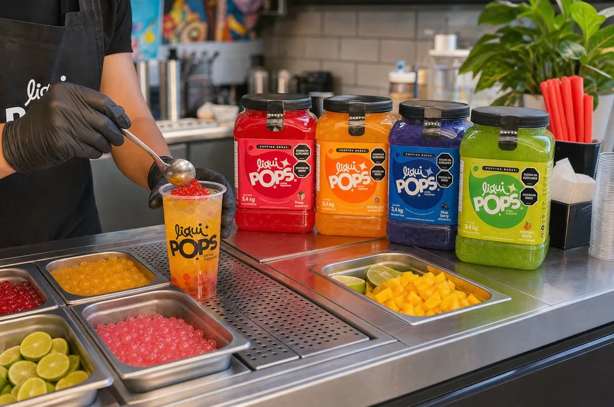 Barra de preparación con cuatro tarros de perlas explosivas LiquiPops sabor fresa, maracuyá, blueberry y mango biche, bandejas de perlas y frutas, mientras se sirve una soda loca con perlas en vaso de la marca