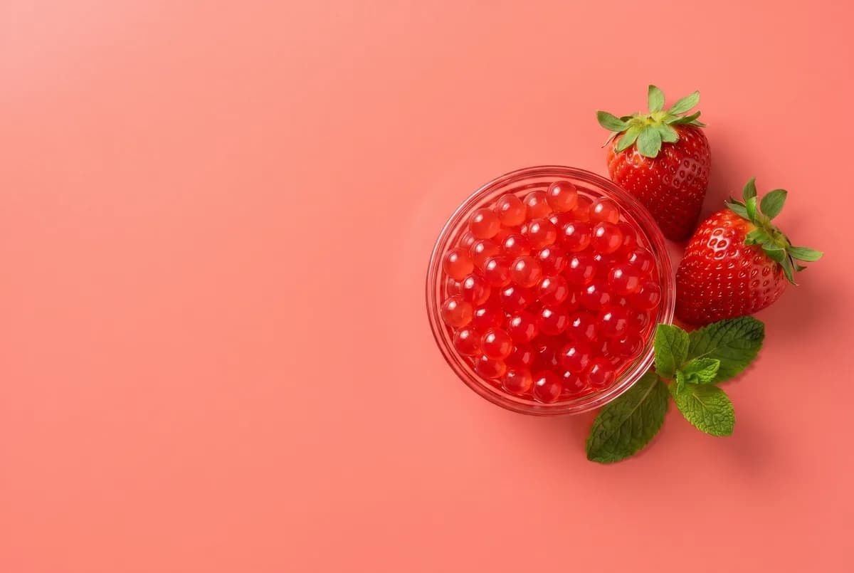 Bowl de perlas explosivas de fresa rojas con fresas frescas y menta sobre fondo coral — topping para bubble tea con perlas explosivas LiquiPops