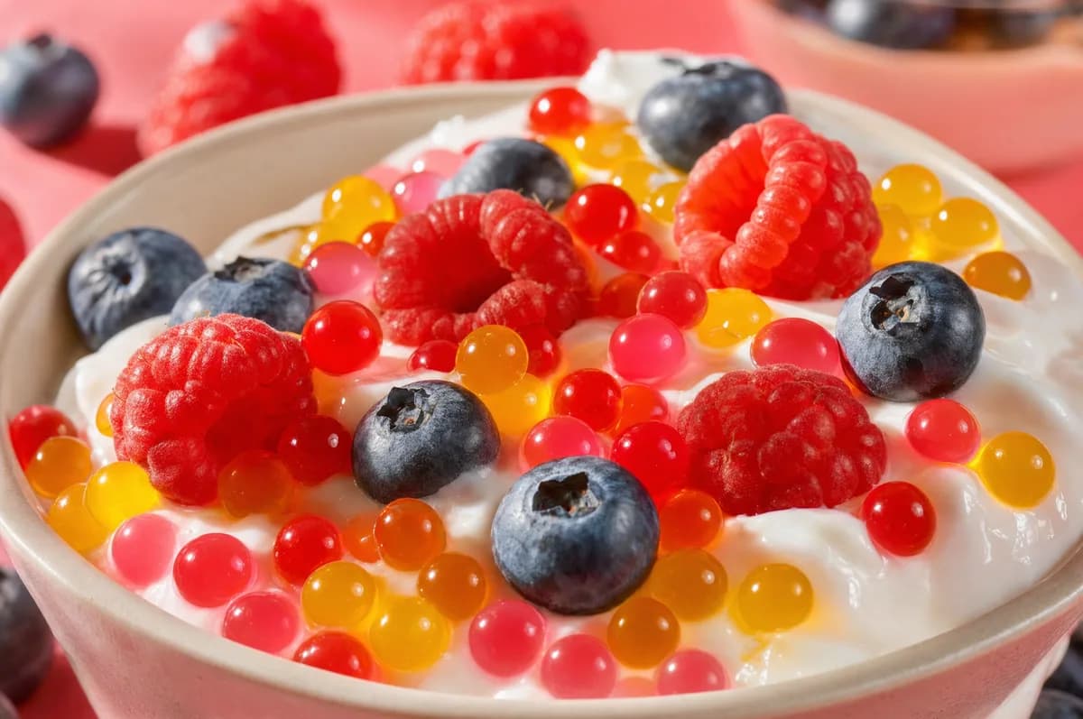 Bowl de yogur con frutos rojos, arandanos y perlas explosivas LiquiPops rojas y amarillas como topping