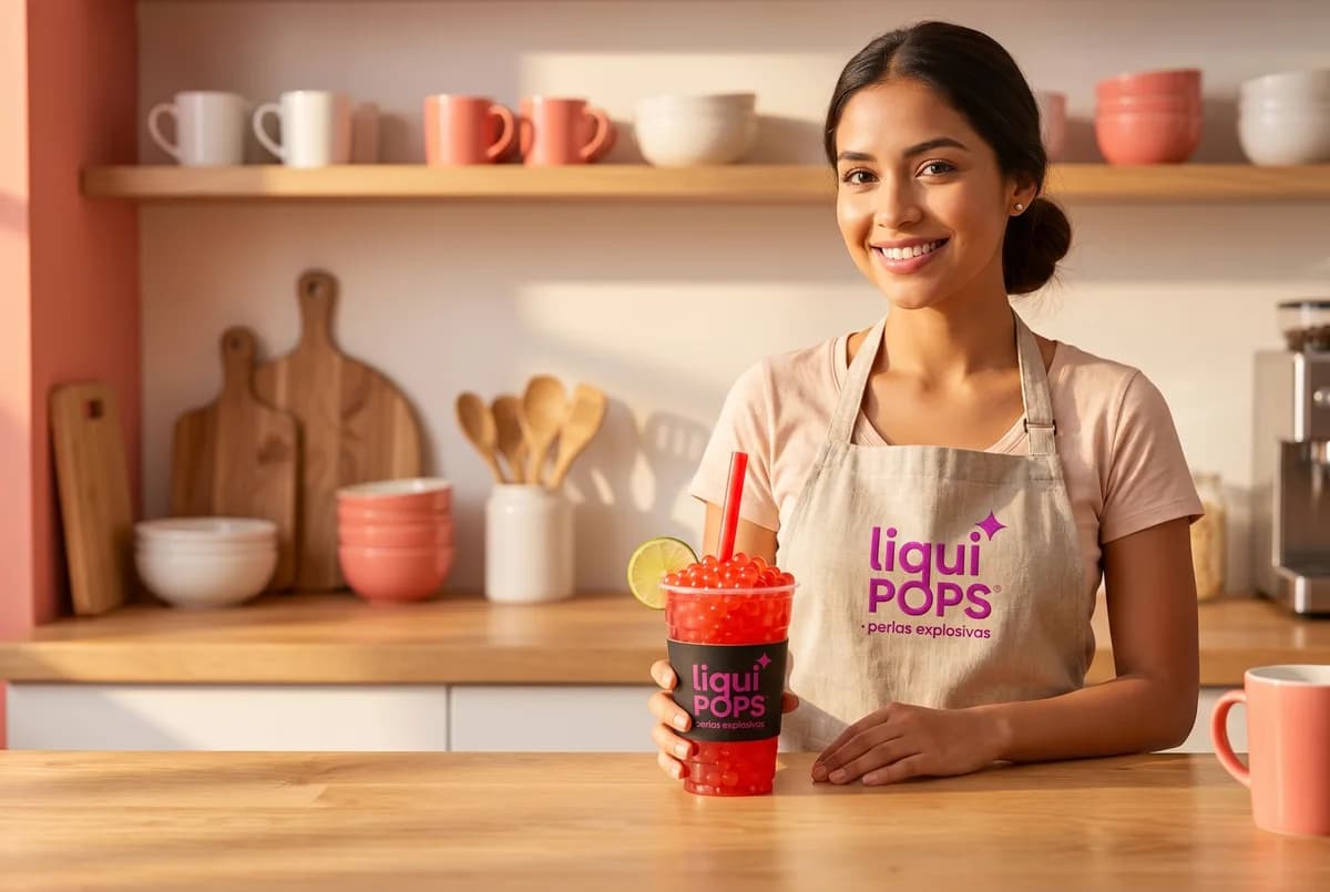 Emprendedora con delantal LiquiPops sostiene un bubble tea rojo de fresa con perlas explosivas, pitillo y rodaja de limón en cocina coral — sonríe a cámara