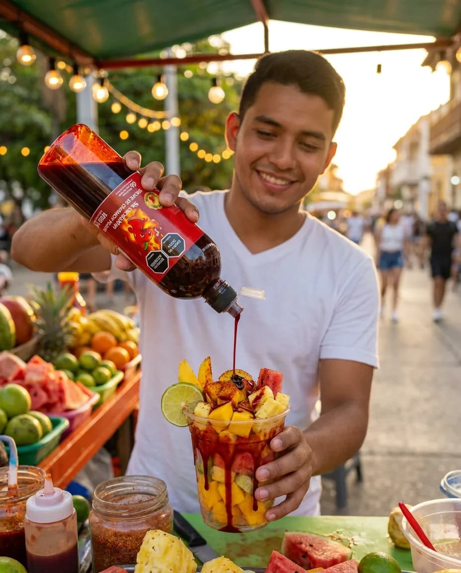 Cholado de frutas con chamoy y perlas explosivas LiquiPops servido en puesto callejero al atardecer