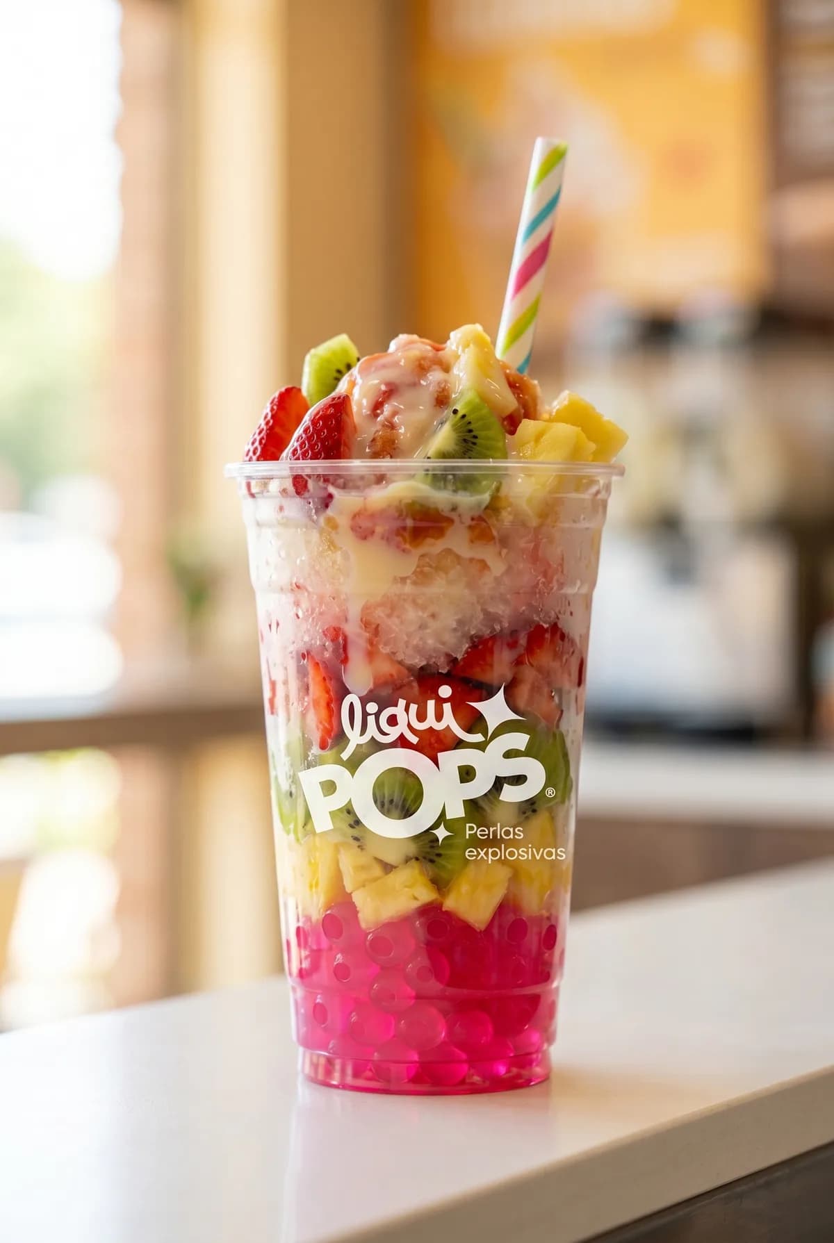 Cholado de frutas con fresa, kiwi y piña sobre perlas explosivas LiquiPops color fucsia — vaso para llevar