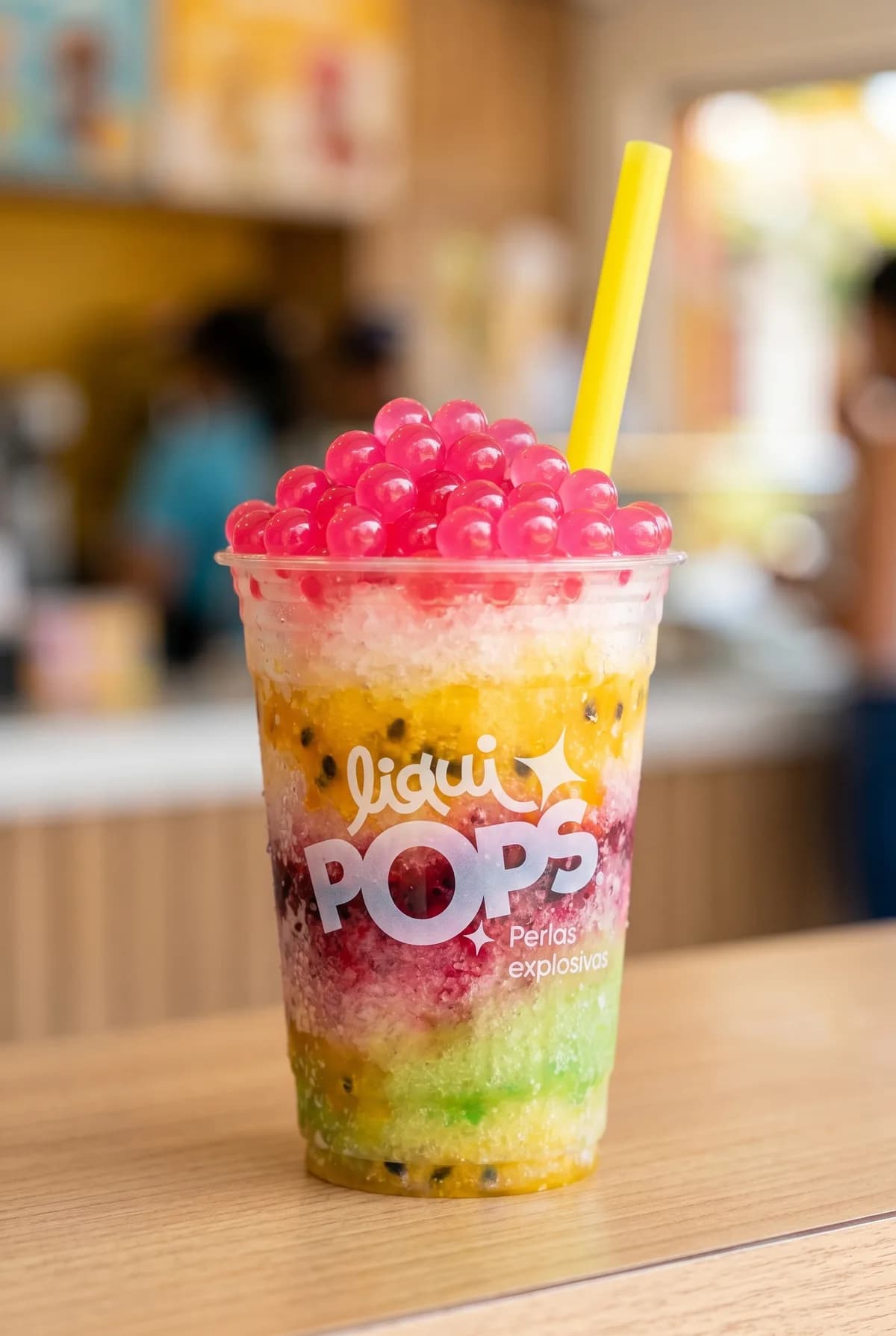 Cholado de frutas en capas con perlas explosivas rosadas LiquiPops — hielo raspado, maracuyá, mora y kiwi servido en vaso