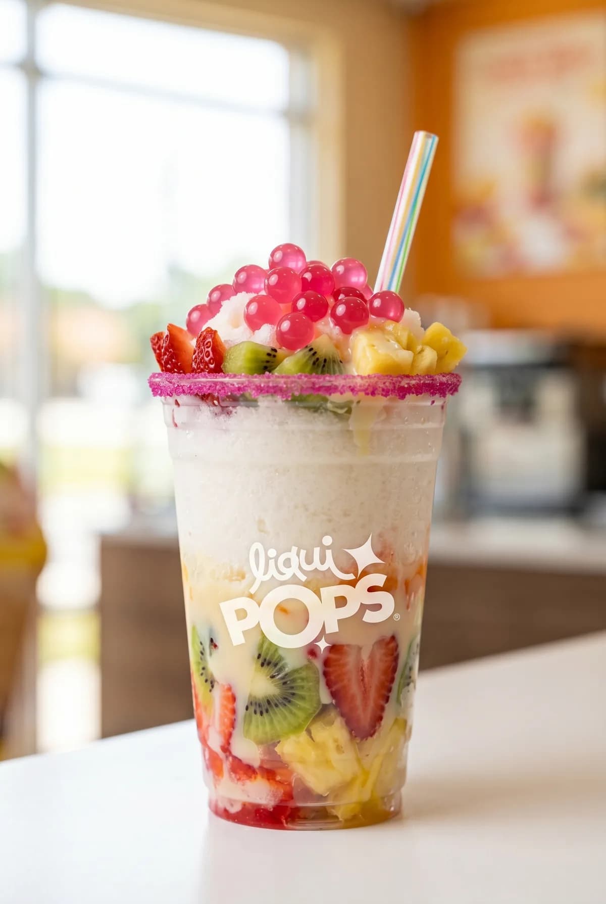 Cholado de frutas con kiwi, fresa y piña, escarchado rosado y perlas explosivas rosadas LiquiPops — vaso LiquiPOPS en local
