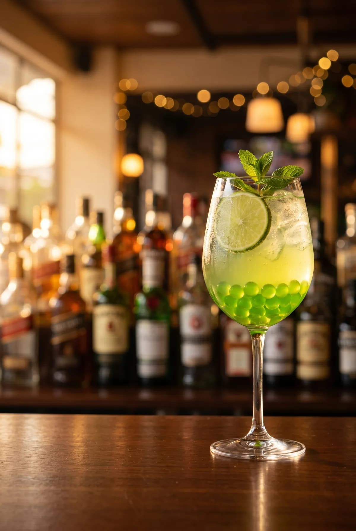 Cóctel verde manzana con menta, rodaja de limón y perlas explosivas verdes LiquiPops en copa de vino, con botellas al fondo