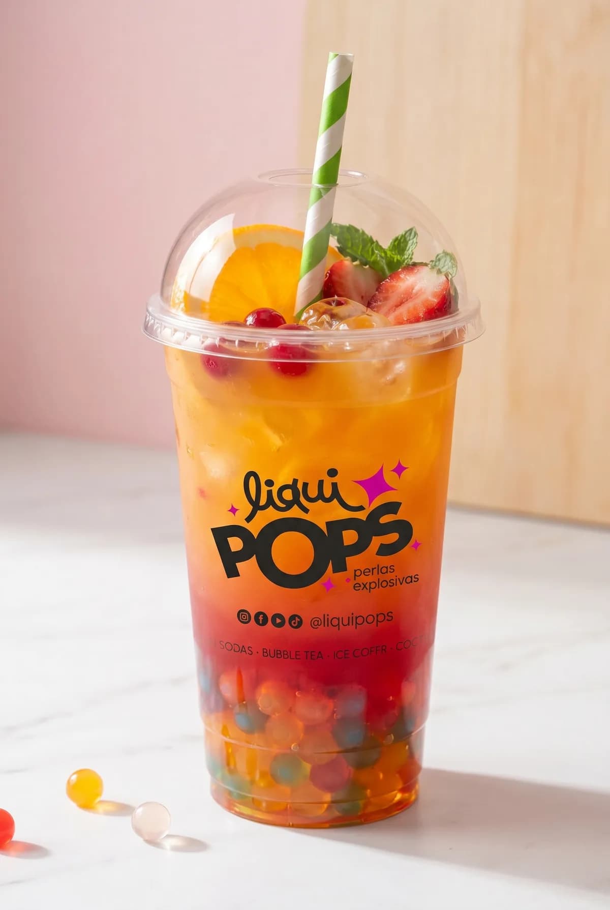 Cóctel de frutas con perlas explosivas multicolor LiquiPops — vaso con naranja, fresa y menta sobre mármol