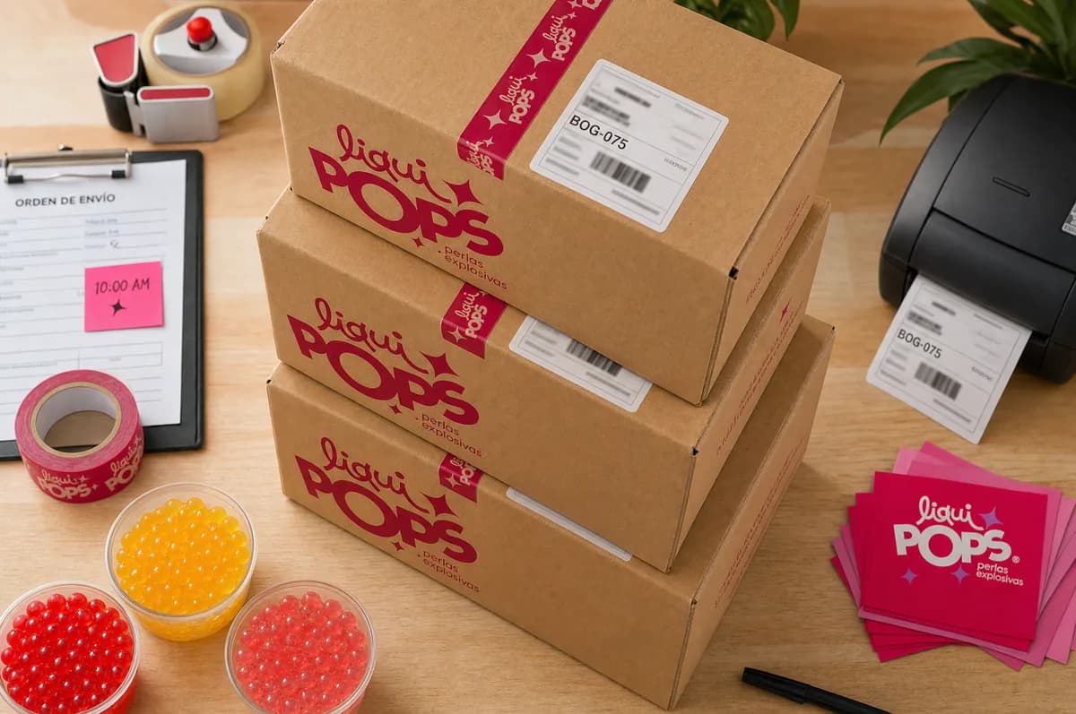 Cajas de envío con marca LiquiPops apiladas y etiquetadas para despacho, junto a bowls de perlas explosivas rojas y amarillas, cinta y stickers de la marca — listo para envío al por mayor en Colombia