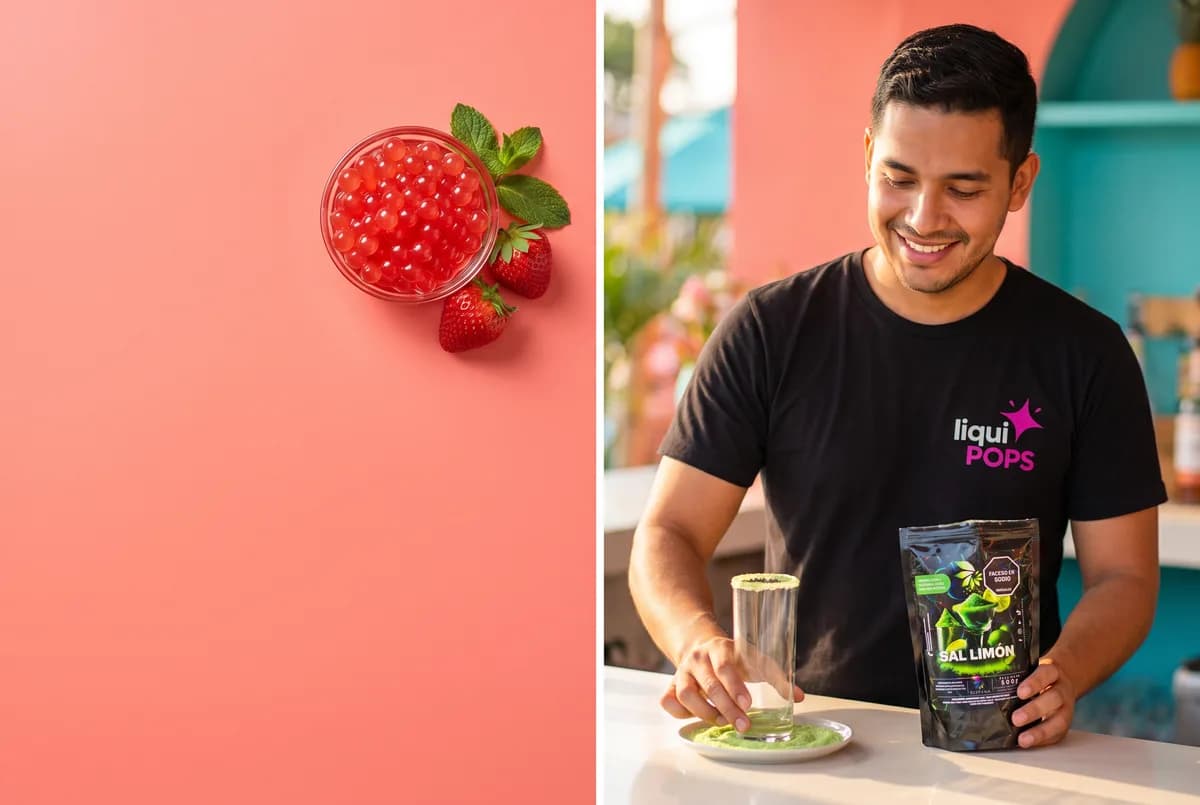 Bowl de perlas explosivas de fresa junto a un hombre escarchando un vaso con sal limón Skarcha — perlas explosivas LiquiPops by LiquiPOPS