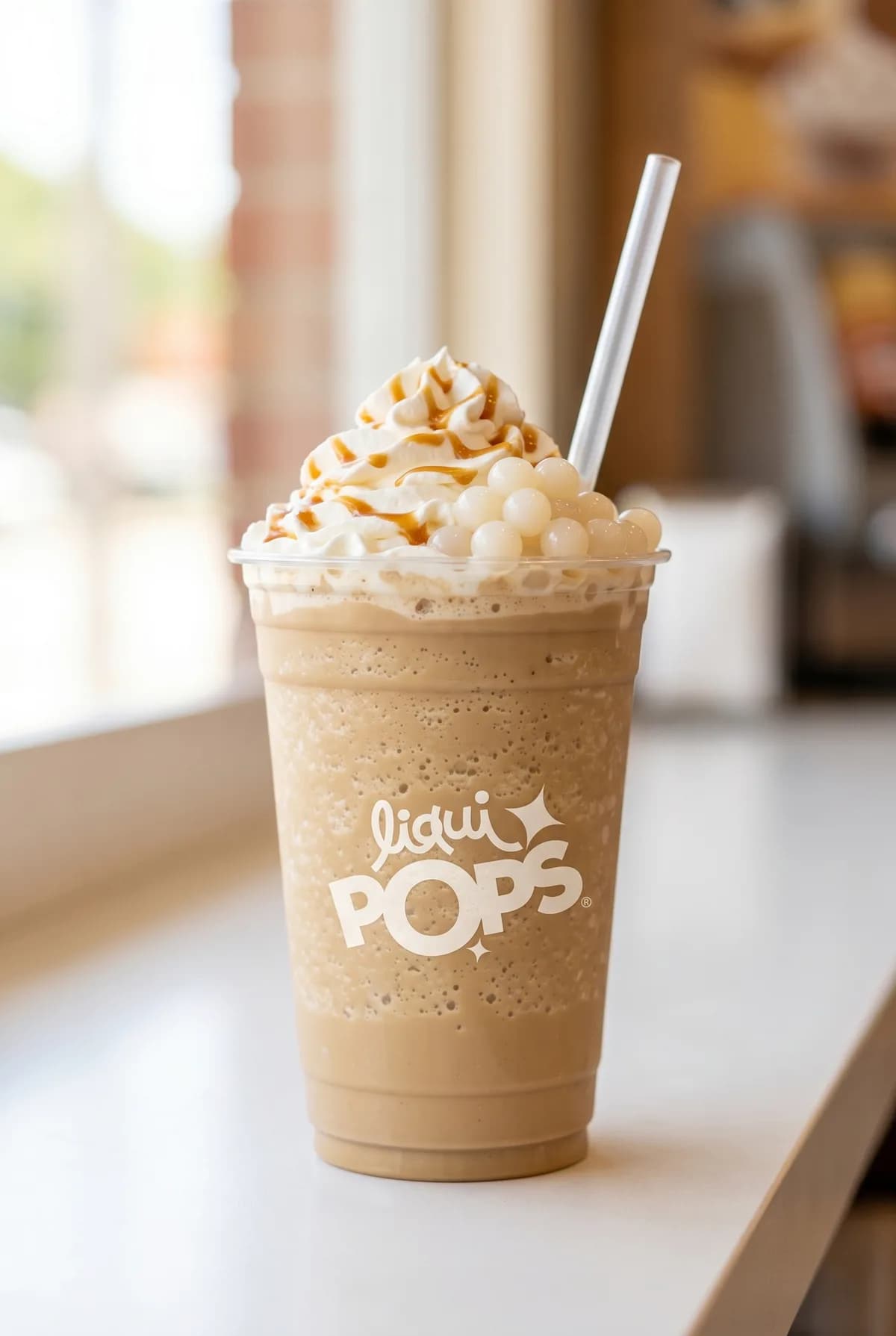 Frappe de café y caramelo con crema, sirope y perlas explosivas LiquiPops claras — vaso LiquiPOPS sobre mostrador