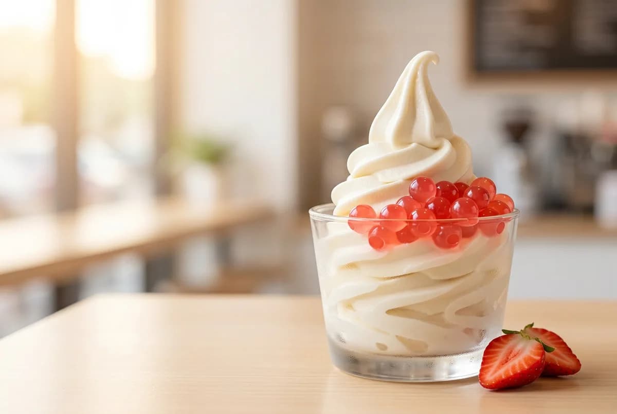 Copa de helado suave con perlas explosivas de fresa LiquiPops y fresa fresca — postre cremoso con popping boba