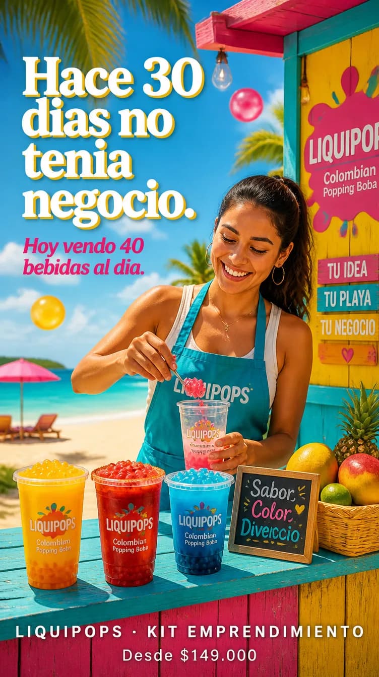 Pieza de emprendimiento con bebidas de colores y perlas explosivas LiquiPops, kit para tu negocio en Colombia