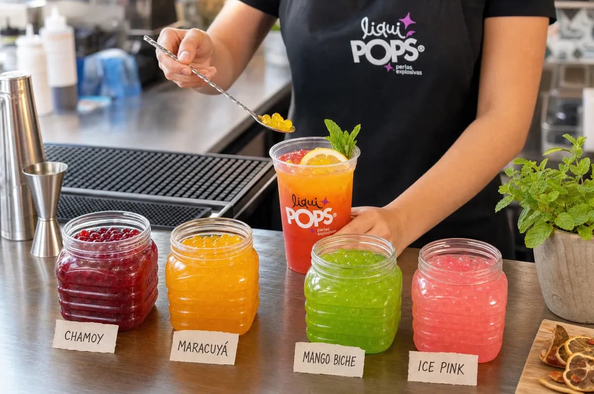 Bartender sirviendo una limonada con perlas explosivas LiquiPops junto a frascos de sabores chamoy, maracuyá, mango biche e ice pink