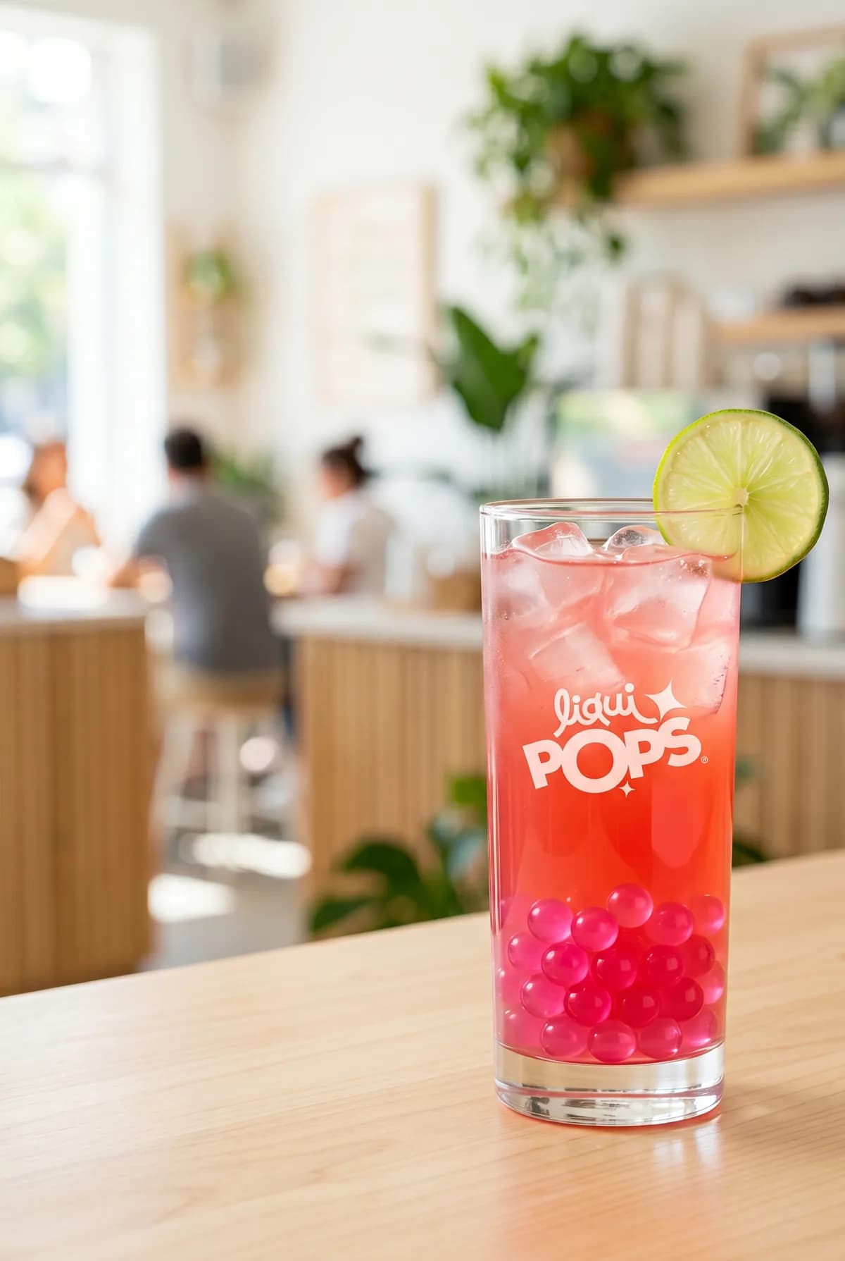 Limonada rosada de frutos rojos con perlas explosivas fucsia LiquiPops — vaso con hielo en cafetería luminosa