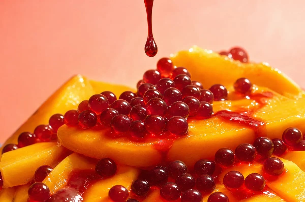 Mango en trozos con sirope y perlas explosivas LiquiPops rojas cayendo en gota — receta de topping
