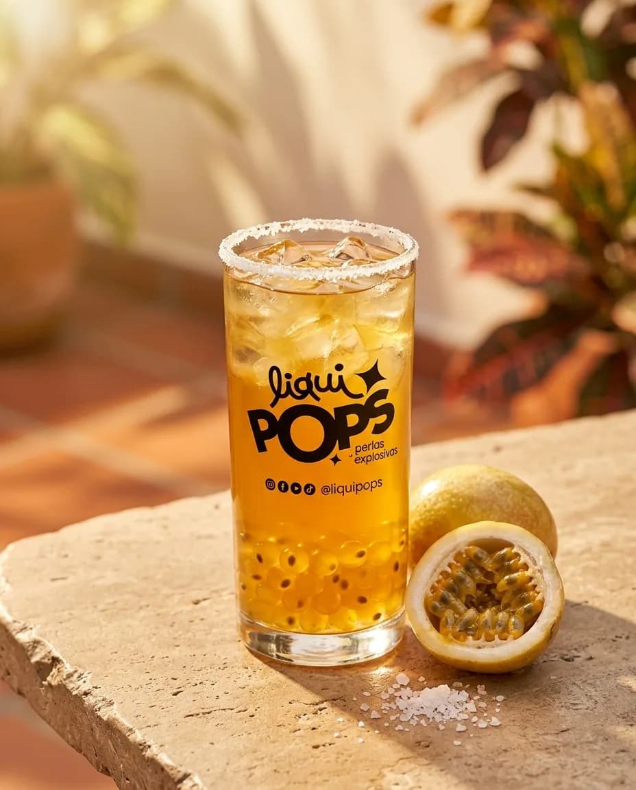 Bebida de maracuya con perlas explosivas LiquiPops, borde de sal y maracuya partida, en ambiente cálido
