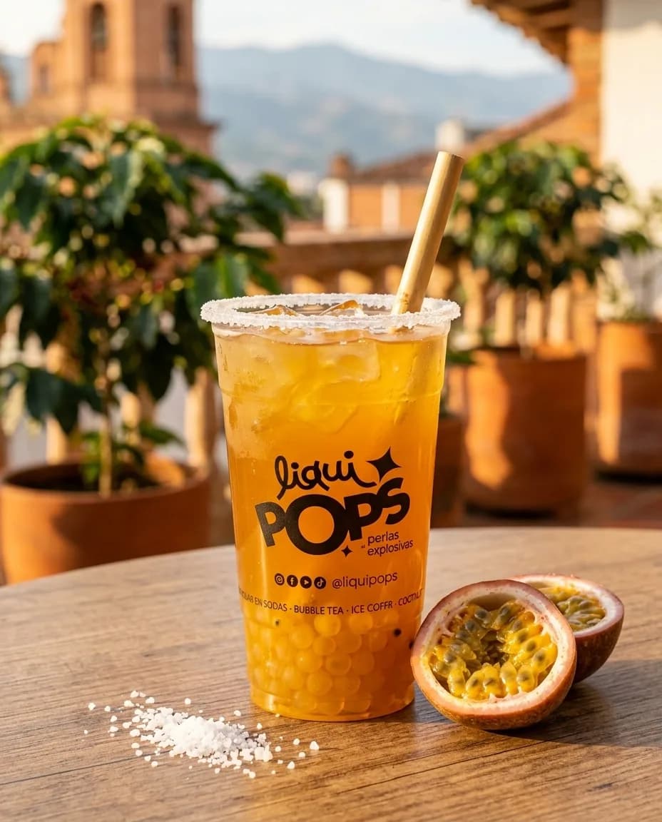 Michelada de maracuya con perlas explosivas amarillas LiquiPops y borde de sal, en mirador con montañas al fondo