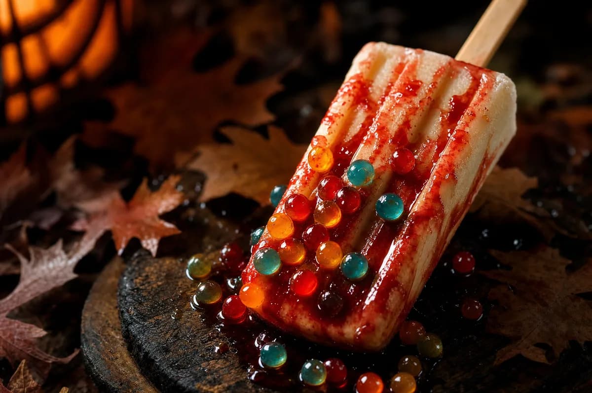 Paleta helada cremosa bañada en chamoy con perlas explosivas LiquiPops surtidas — postre otoñal con topping