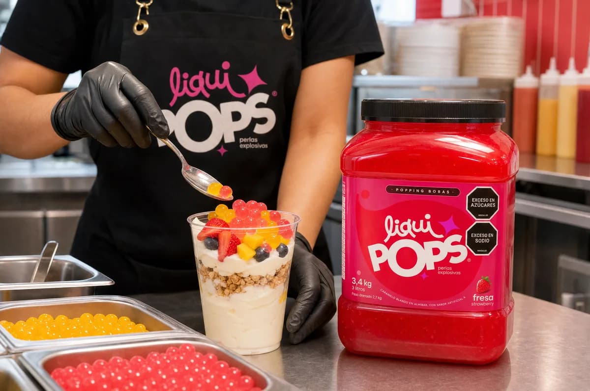 Parfait de yogur con frutas y perlas explosivas LiquiPops rojas y amarillas, junto al tarro de fresa