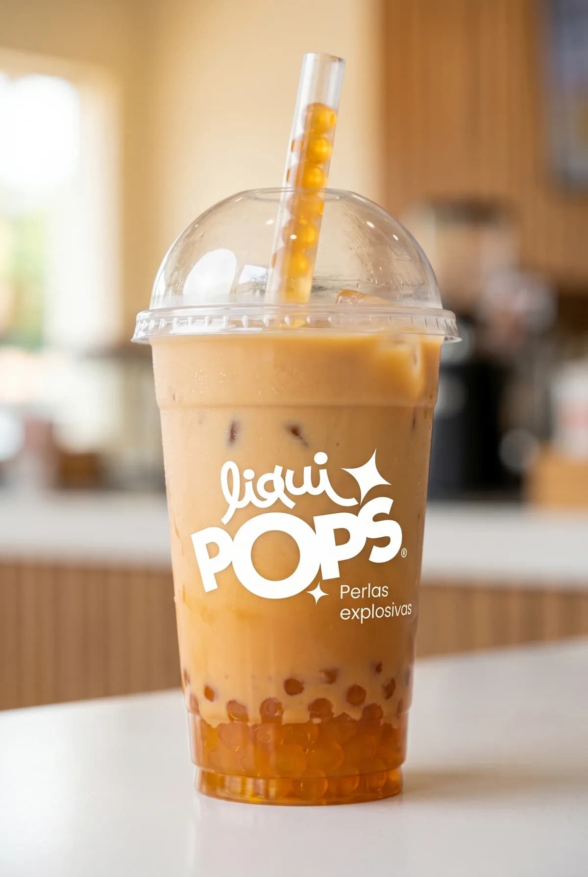 Vaso de bubble tea con perlas explosivas · sabor mango biche