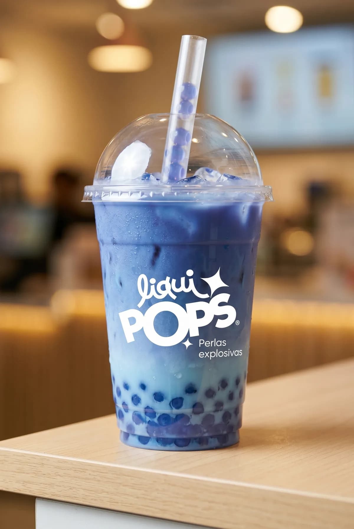 Bubble tea con popping boba (perlas explosivas) · sabor mora azul