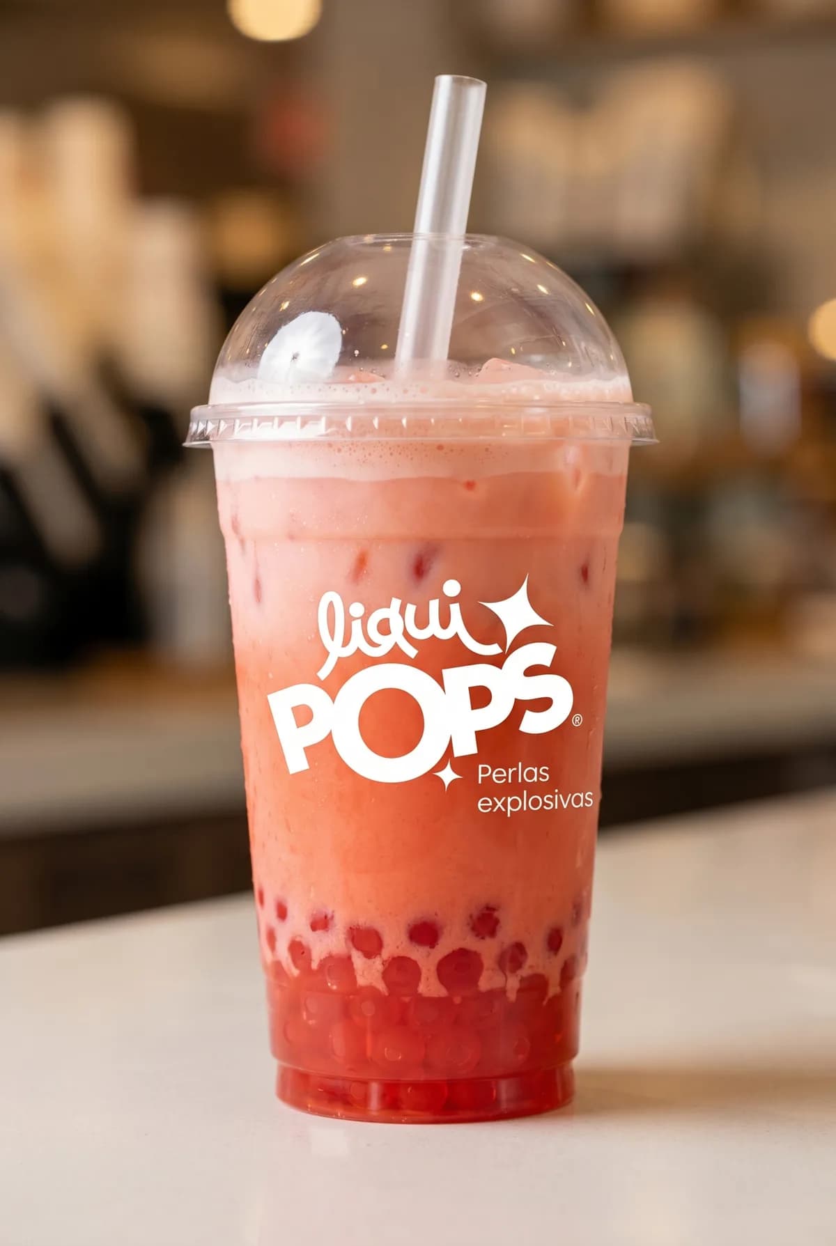 Vaso de bubble tea con perlas explosivas · sabor coco