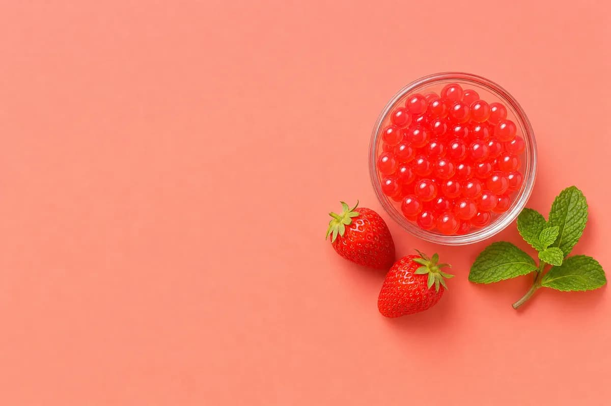 Bowl de perlas explosivas rojas de fresa con perlas explosivas LiquiPops junto a fresas frescas y menta sobre fondo coral — flatlay para topping de bebidas