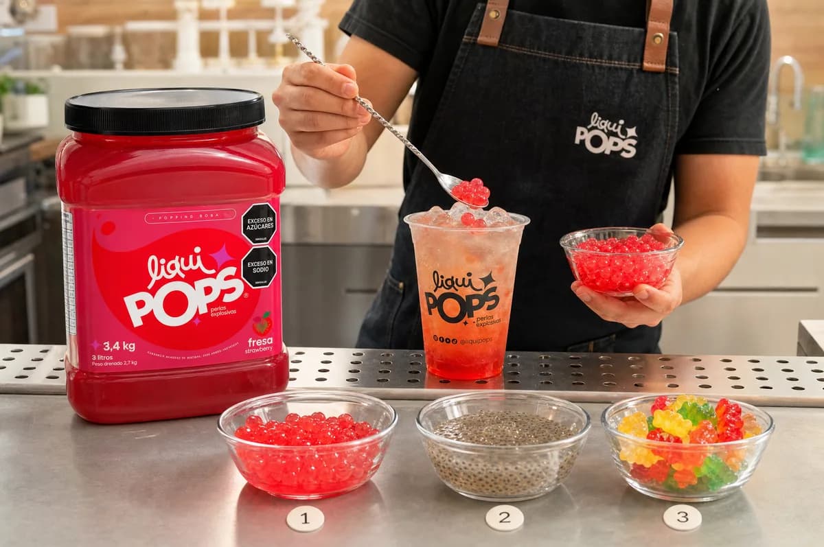 Tarro de perlas explosivas LiquiPops sabor fresa junto a una soda con perlas y cuencos de toppings — comparativa de coberturas en barra de bebidas
