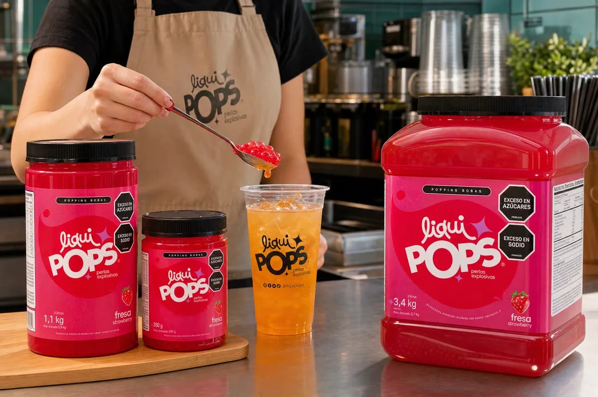 Presentaciones de perlas explosivas LiquiPops sabor fresa (350 g, 1,1 kg y 3,4 kg) con una persona sirviendo perlas en una soda — formatos para tu negocio