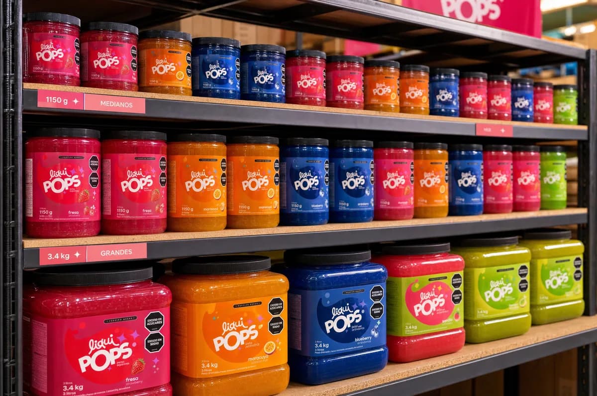 Anaquel con tarros de perlas explosivas LiquiPops en varios colores y sabores ordenados en estantes — surtido de sabores para tu negocio