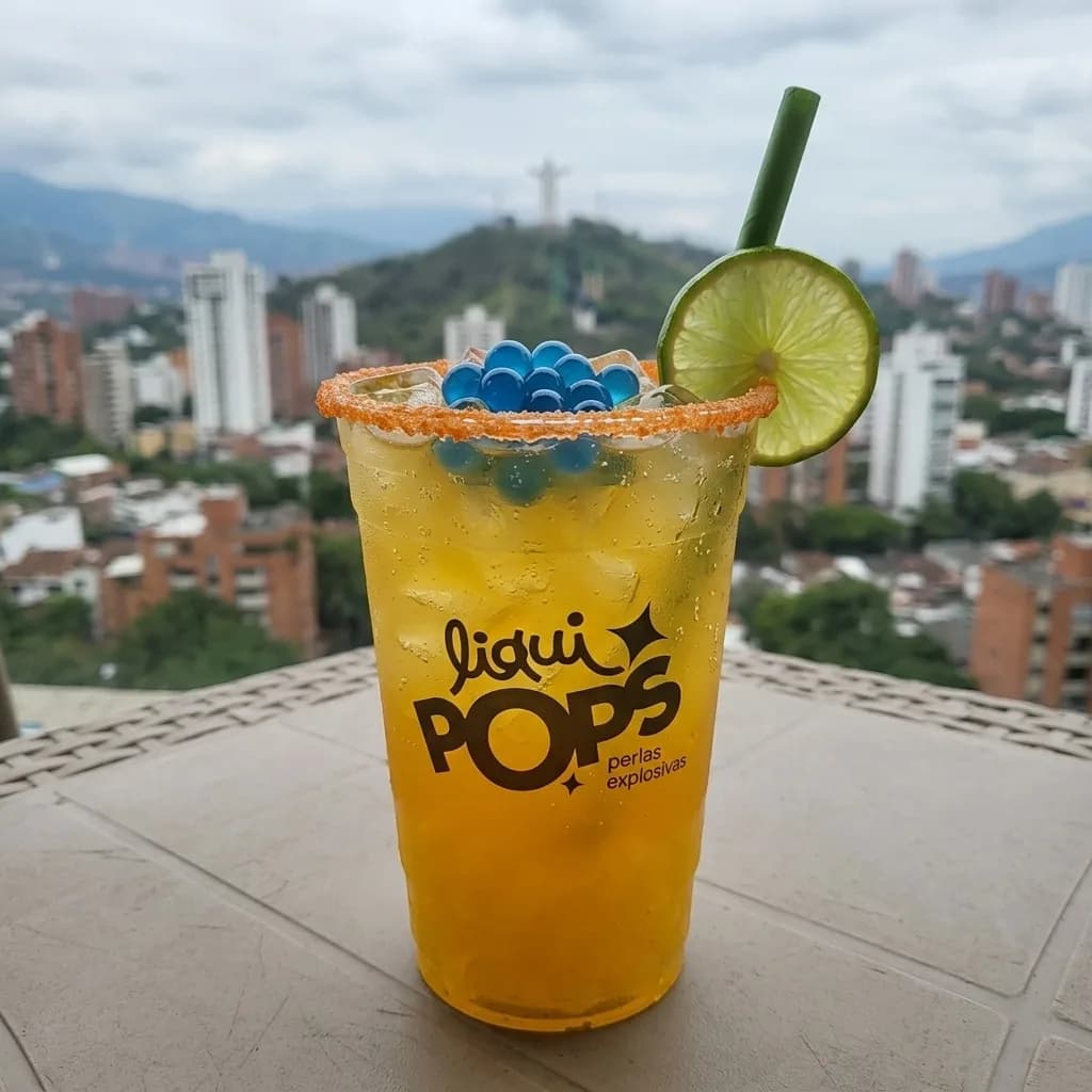 Soda amarilla con perlas explosivas azules LiquiPops, borde escarchado y limon, con vista panoramica a la ciudad y la montana