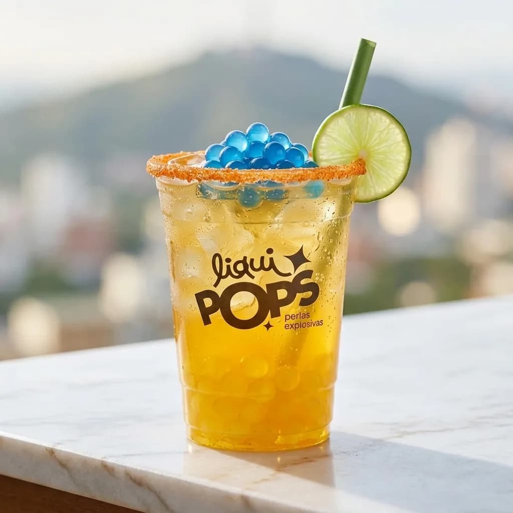 Soda amarilla con perlas explosivas azules LiquiPops, borde escarchado y limon, sobre mesa de marmol con la ciudad de fondo