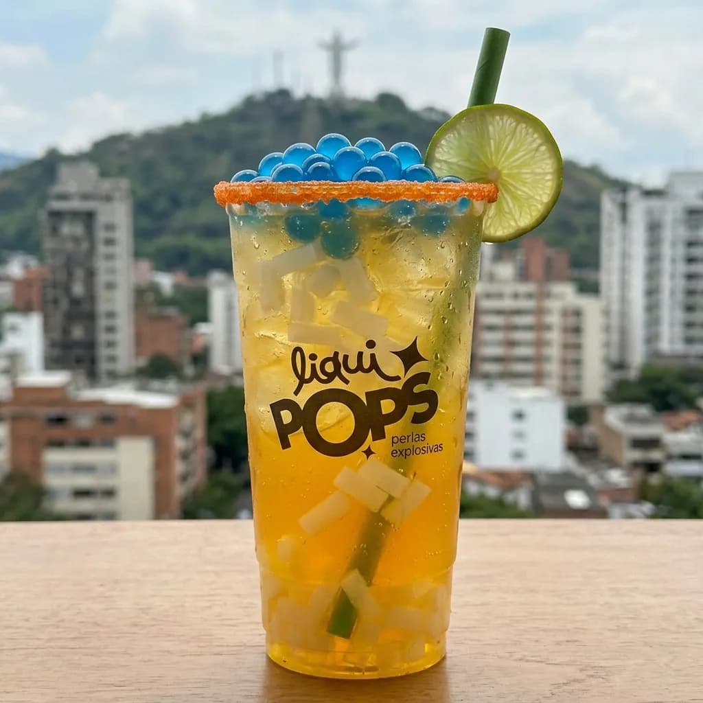 Soda amarilla con perlas explosivas azules LiquiPops y jelly, borde escarchado y limon, con vista a la ciudad de Cali al fondo