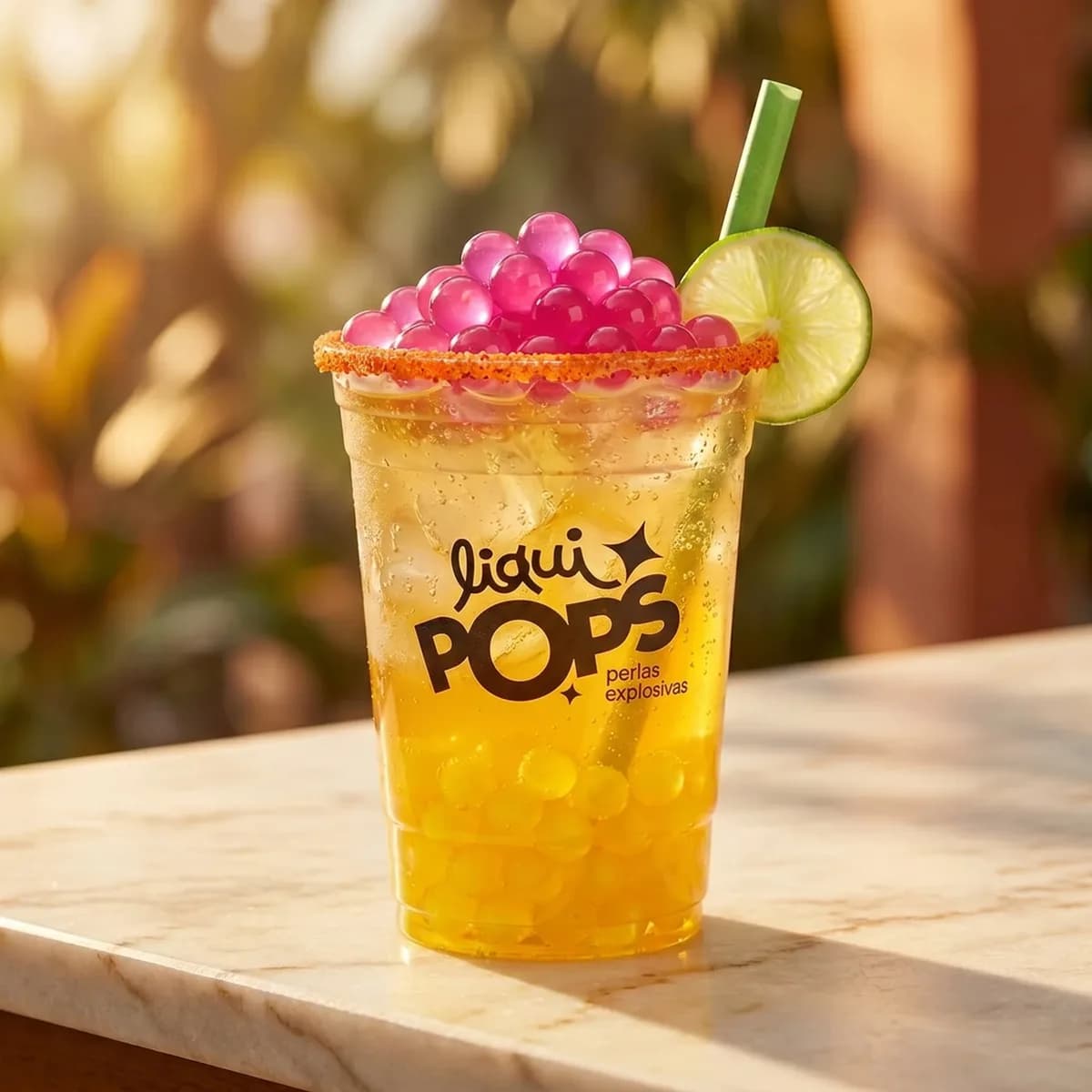 Soda amarilla con perlas explosivas rosadas y amarillas LiquiPops, borde escarchado y limon, sobre mesa de marmol con luz calida