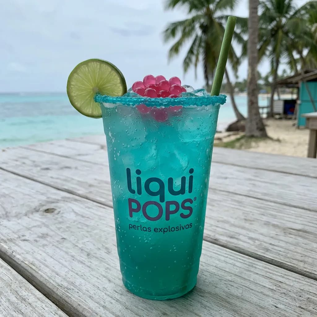 Soda azul curazao con perlas explosivas rosadas LiquiPops, borde escarchado y limon, sobre mesa de playa con palmeras al fondo