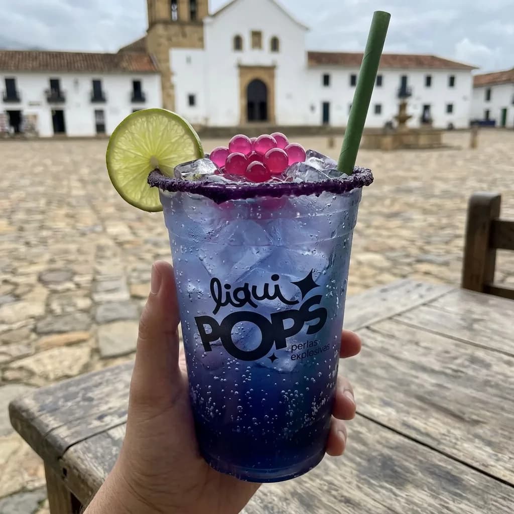 Soda azul violeta con perlas explosivas rosadas LiquiPops, borde escarchado y limon, en la plaza colonial de Villa de Leyva