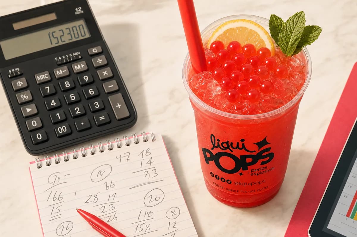 Vaso LiquiPops con soda de cereza, hielo, rodaja de naranja, menta y perlas explosivas rojas, junto a una calculadora y libreta — calcula tus costos por bebida