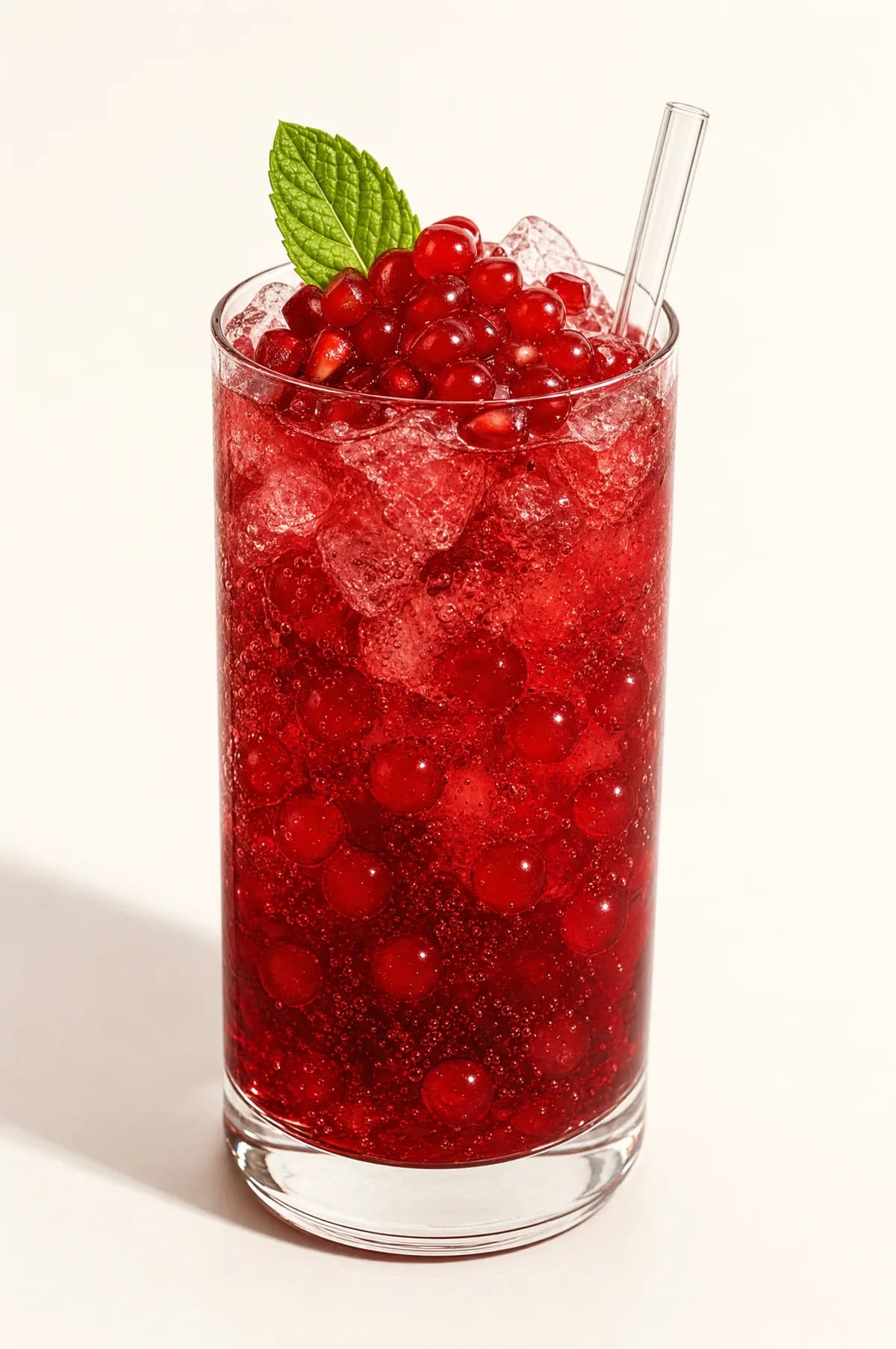 Soda de cereza con perlas explosivas LiquiPops rojas y hielo — vaso alto con cerezas y menta