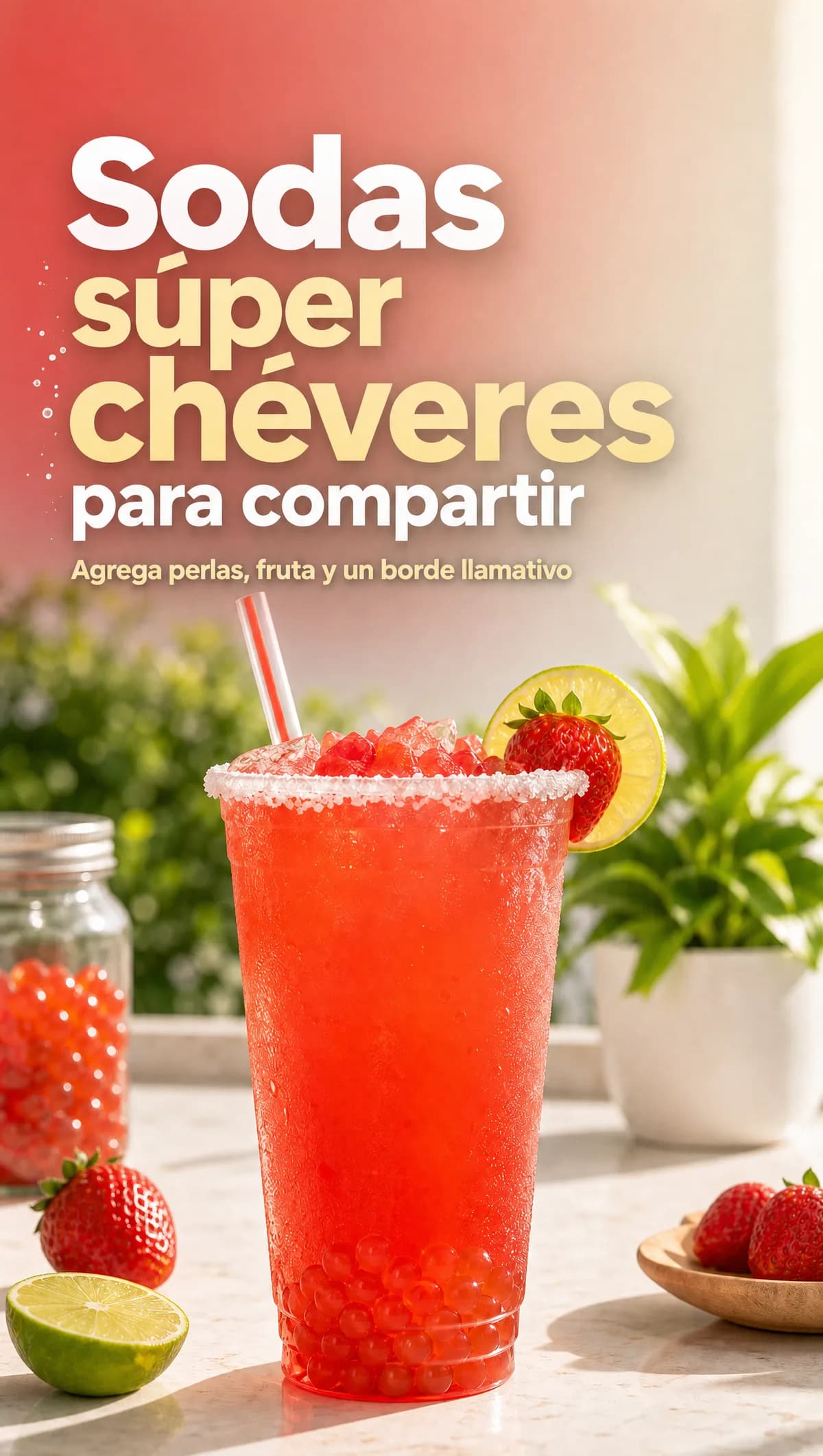 Soda roja de fresa con borde escarchado, fresa y rodaja de limón con perlas explosivas LiquiPops — agrega perlas, fruta y un borde llamativo para compartir