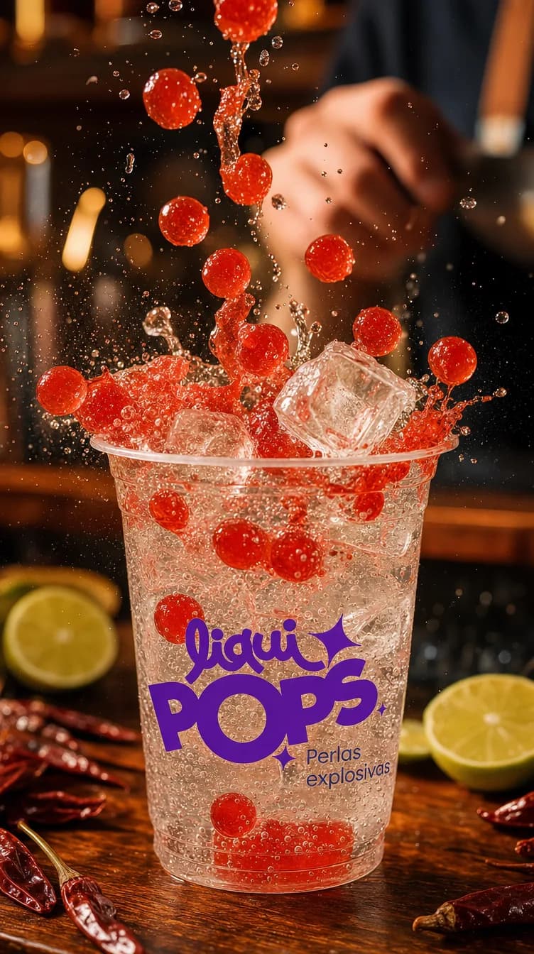 Vaso de soda con hielo donde caen perlas explosivas LiquiPops rojas sabor fresa entre limones