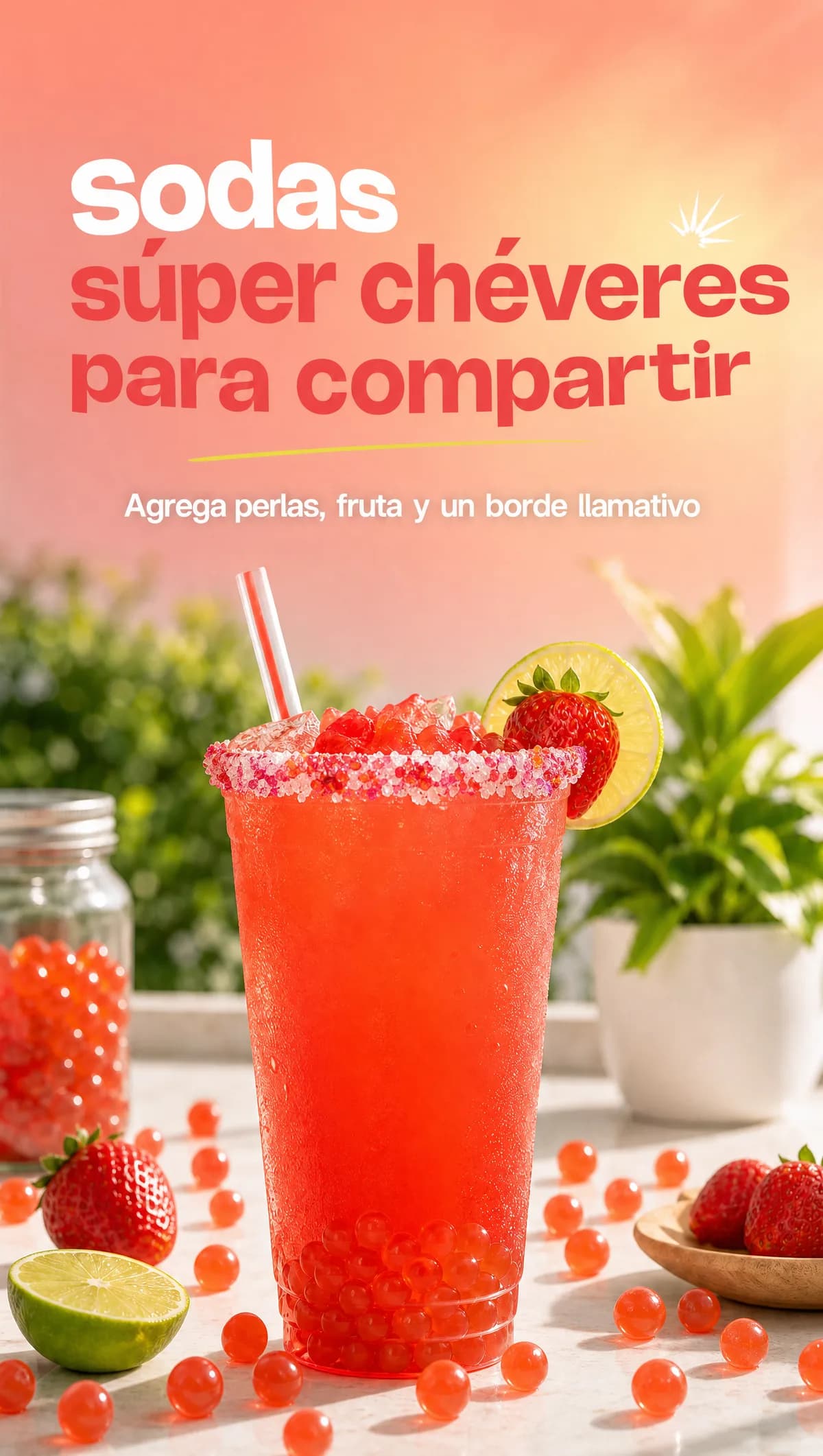 Soda roja de fresa con borde escarchado y perlas explosivas LiquiPops, decorada con fresa y rodaja de limón — agrega perlas, fruta y un borde llamativo para compartir