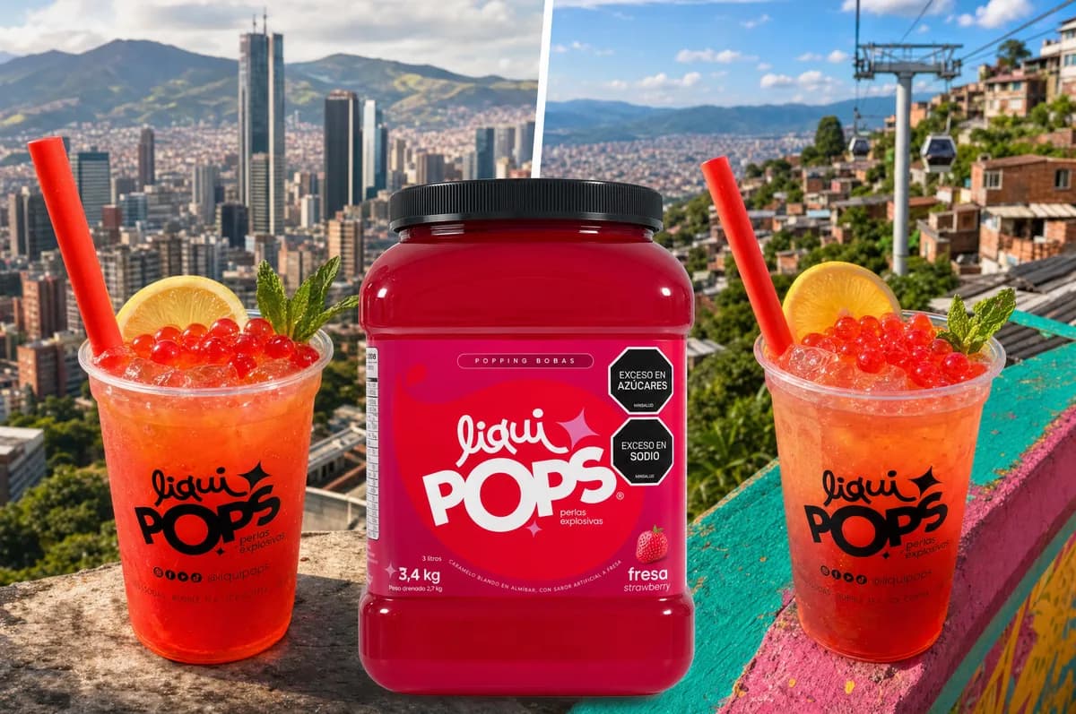 Sodas rojas con perlas explosivas LiquiPops sabor fresa con vista a Medellin y el tarro de producto