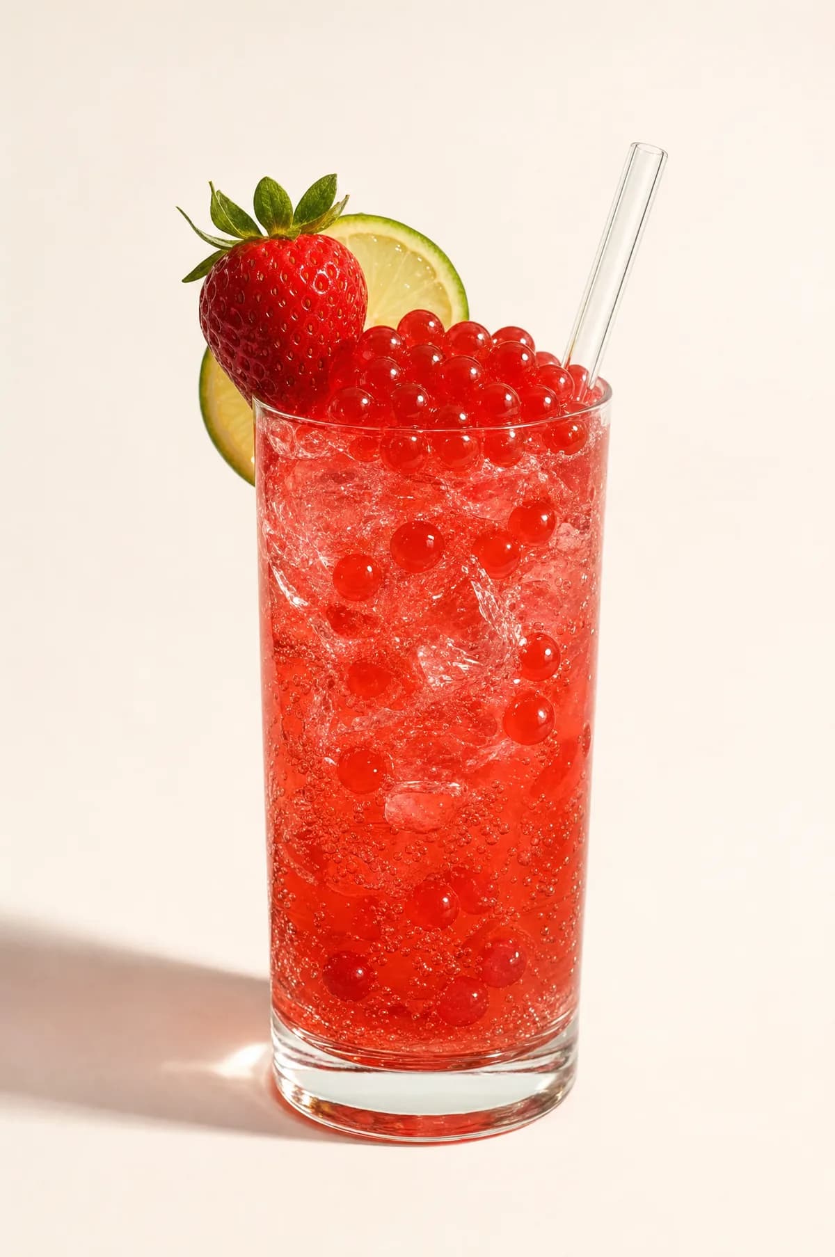 Soda de fresa con perlas explosivas LiquiPops rojas — vaso alto con fresa y rodaja de limón