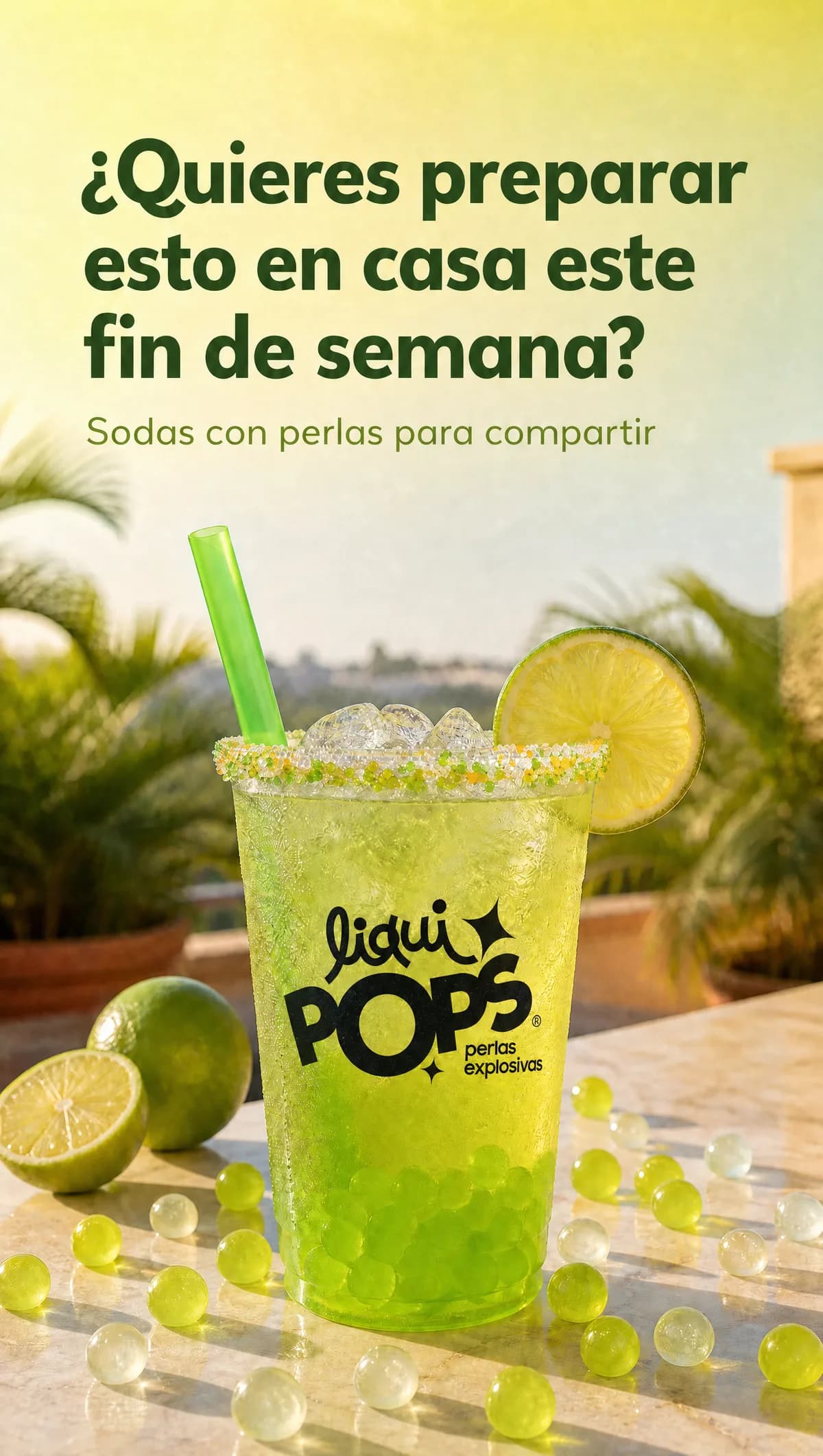 Soda de limón con perlas explosivas verdes LiquiPops, borde escarchado y rodaja de limón, ideal para preparar en casa