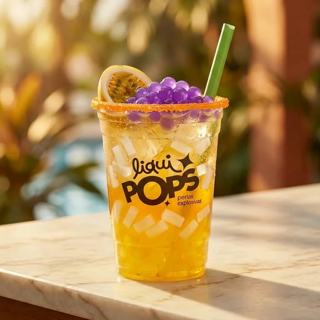 Soda loca amarilla de maracuyá con perlas explosivas moradas LiquiPops — vaso escarchado con media maracuyá y pajilla verde junto a la piscina