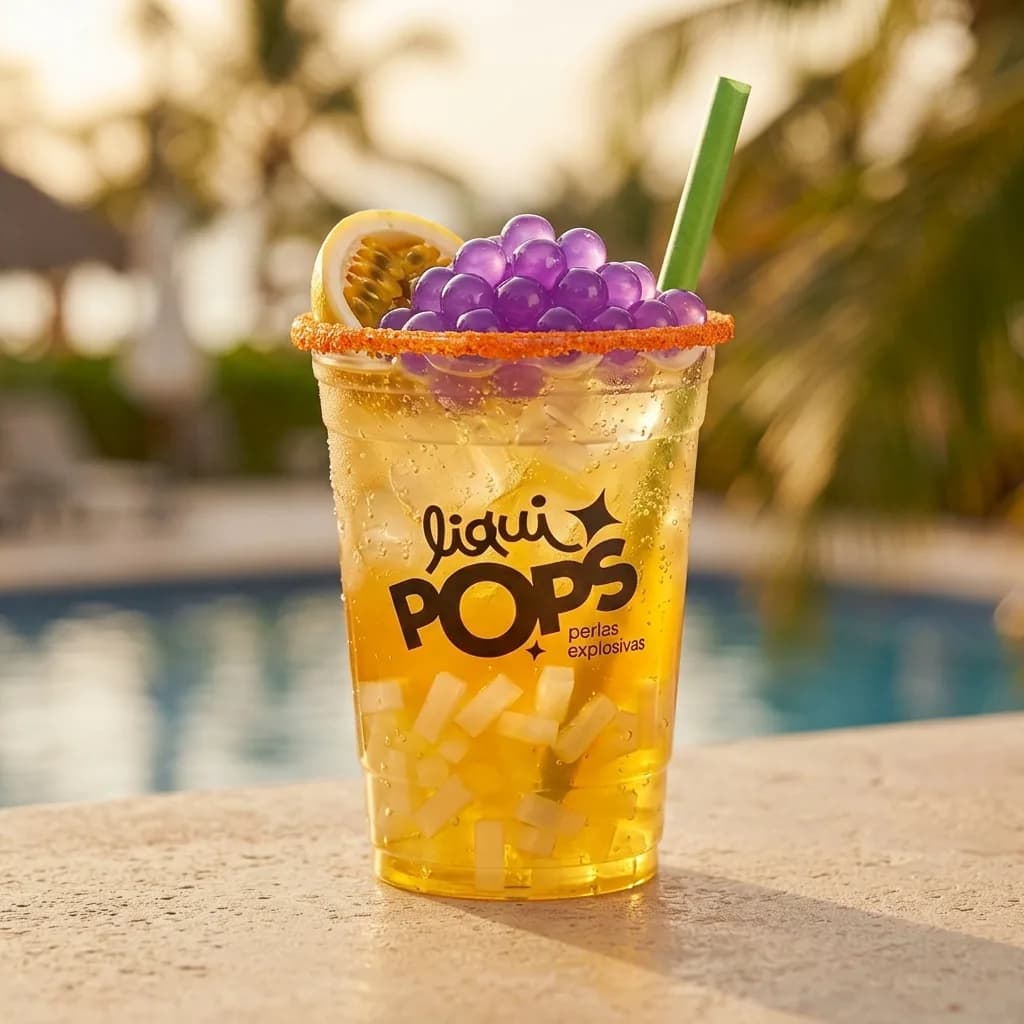 Soda loca amarilla de maracuyá con perlas explosivas moradas LiquiPops y perlas de coco — vaso escarchado con media maracuyá junto a la piscina