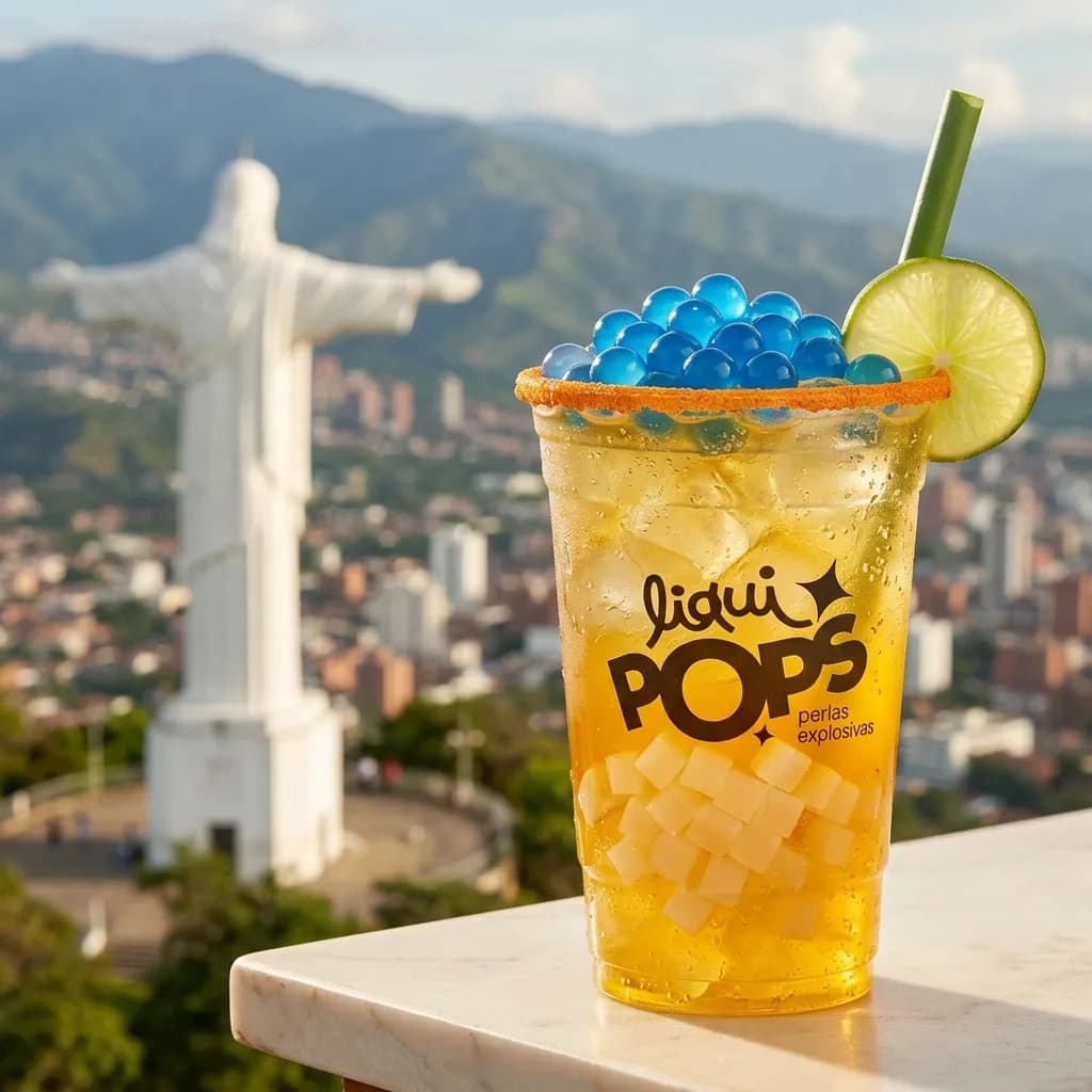 Soda loca amarilla con perlas explosivas azules y cubos de coco LiquiPops, con paisaje de ciudad y montañas de fondo