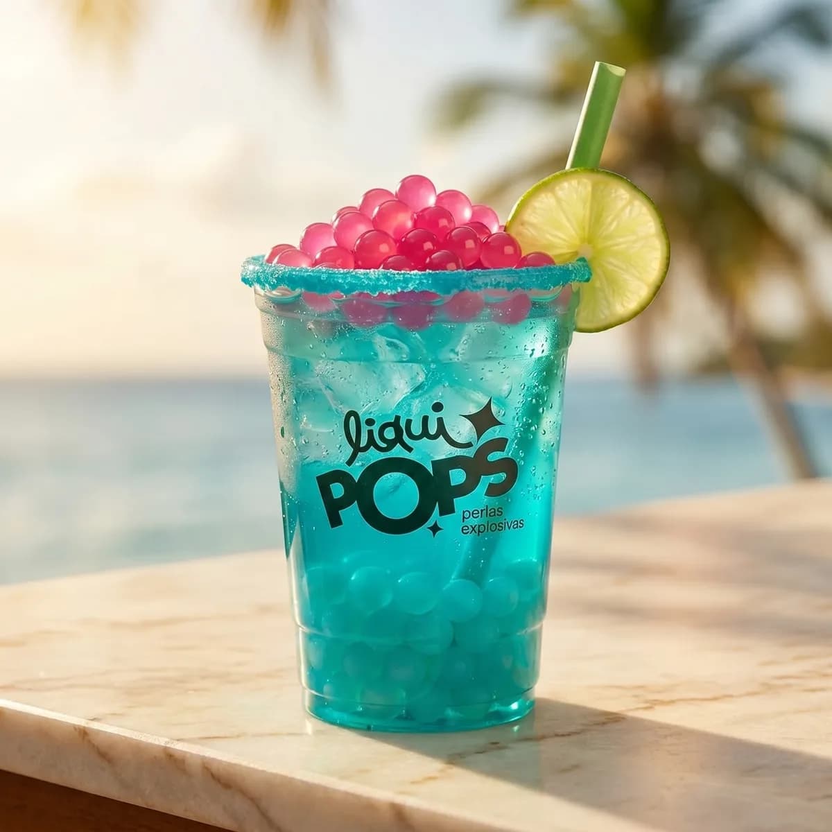 Soda loca azul curazao con perlas explosivas LiquiPops sabor frambuesa, escarcha azul y limon — ambiente de playa con palmeras