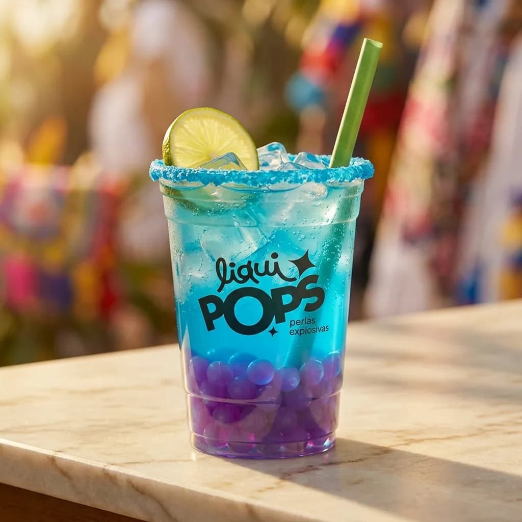 Soda loca azul con perlas explosivas moradas LiquiPops, borde escarchado azul y rodaja de limon, en ambiente festivo
