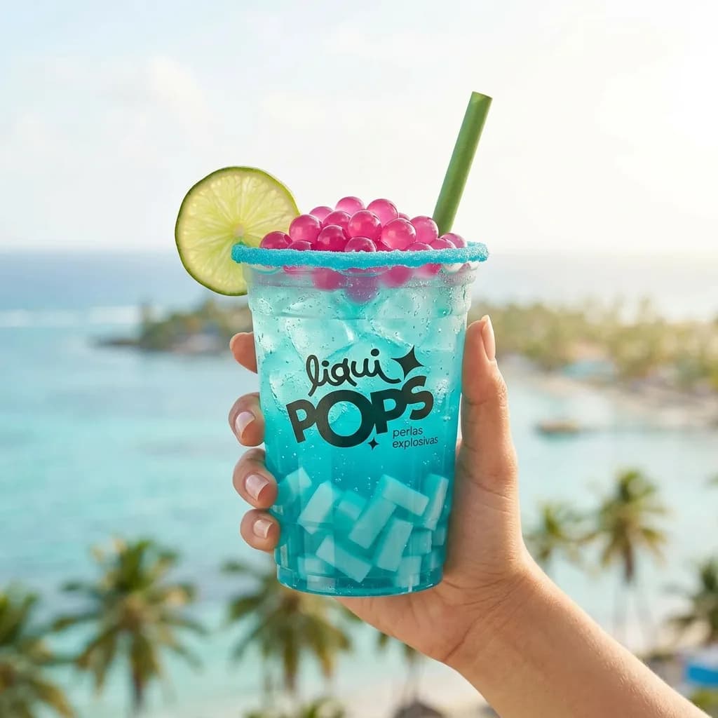 Soda loca azul tropical con perlas explosivas rosadas LiquiPops y escarchado azul, frente al mar y palmeras del Caribe